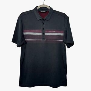 Travis Mathew Medium Short Sleeve Golf Polo Shirt Charcoal Gray Black Striped
